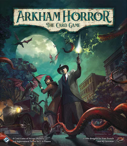 Arkham Horror The Card Game cover with a man and woman holding lanterns amidst a spooky cityscape.