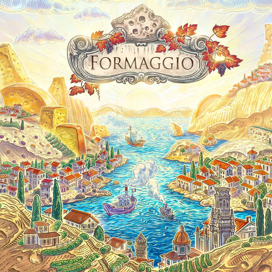 Board game cover titled 'Formaggio' with a scenic illustration of a coastal town and mountains.