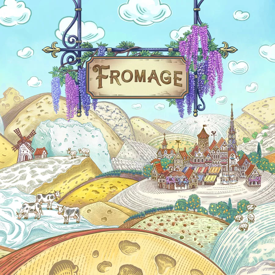 Illustration of a cheese-themed landscape with a 'Fromage' sign, windmill, and village.