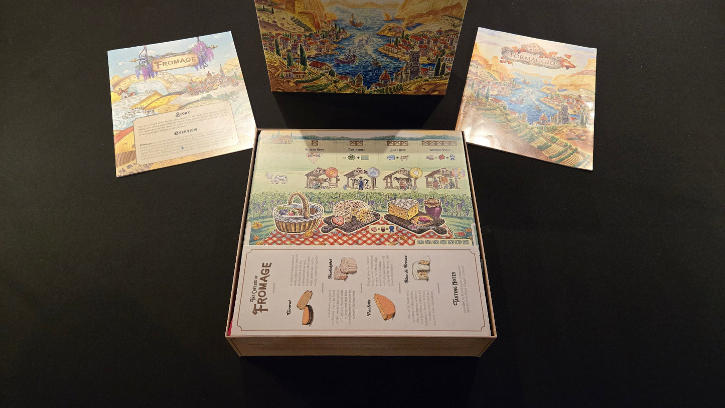 Cardboard box with illustrated scenes on a dark background