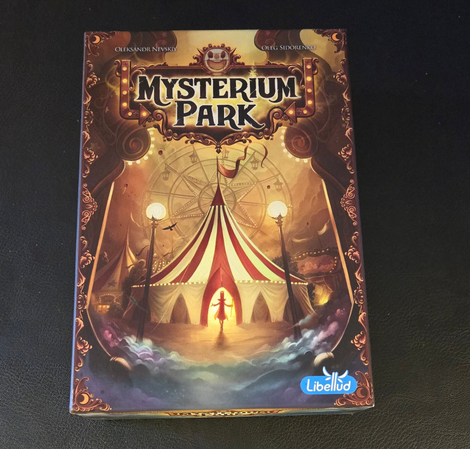 Board game box titled 'Mysterium Park' on a dark background