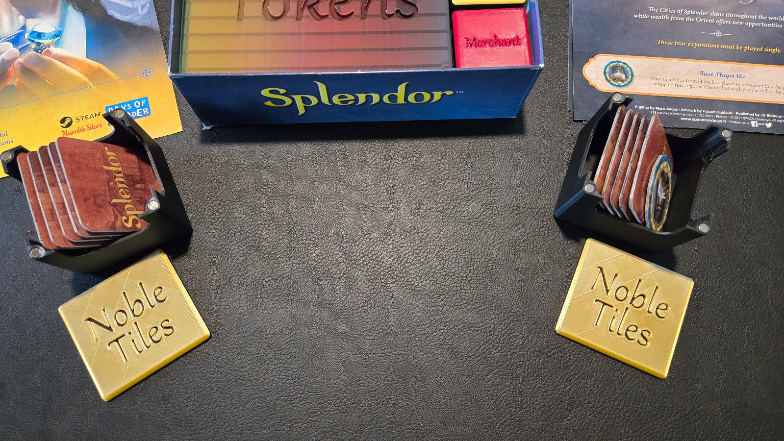Noble Tiles with 'Splendor' game components on a dark surface