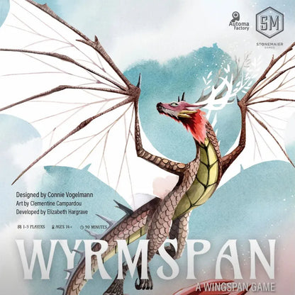 Board game box for 'Wyrmspan' with a dragon illustration on a light blue background.